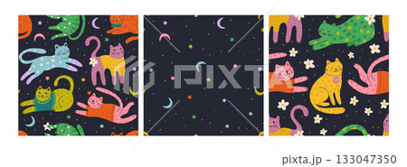 Whimsical Seamless Vector Pattern Set With Colorful Cats, Stars, Crescent Moons And Flowers On Dark Background. Whimsical Seamless Vector Pattern Set With Colorful Cats, Stars, Crescent Moons And Flowers On Dark Background. 133047350