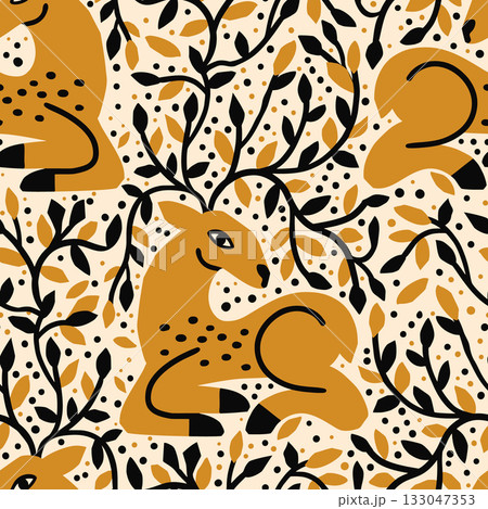 Golden Deer Christmas Seamless Pattern Forest Branches In Folk Vector Style Golden Deer Christmas Seamless Pattern Forest Branches In Folk Vector Style 133047353