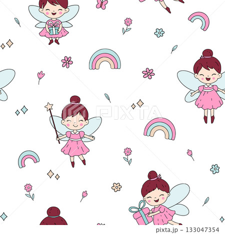 Cute Kids Pattern With Tooth Fairies Flowers Gifts And Rainbows Cute Kids Pattern With Tooth Fairies Flowers Gifts And Rainbows 133047354