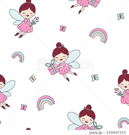 Cute Kids Pattern With Tooth Fairies Flowers Gifts And Rainbows 133047355