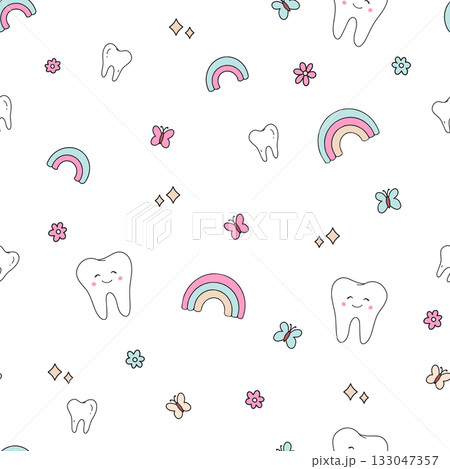 Fun Seamless Pattern For Children With Smiling Teeth Butterflies Rainbows And Dental Elements Fun Seamless Pattern For Children With Smiling Teeth Butterflies Rainbows And Dental Elements 133047357