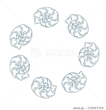Seashell nautilus wreath in line art style. Undersea, underwater design for seafood store, restaurant and package isolated on a white background. Seashell nautilus wreath in line art style. Undersea, underwater design for seafood store, restaurant and package isolated on a white background. 133047359
