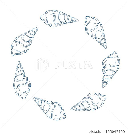 Line art style wreath seashell on white background. Marine design with empty space in the center. 133047360