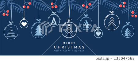 merry christmas card with hanging decoration in form of tree and heart vector illustration 133047568