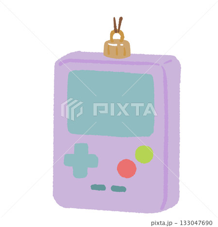 Retro handheld game console ornament illustration pastel purple and teal Christmas clipart perfect for nostalgic gamer holiday decor wrapping paper and playful festive projects 133047690