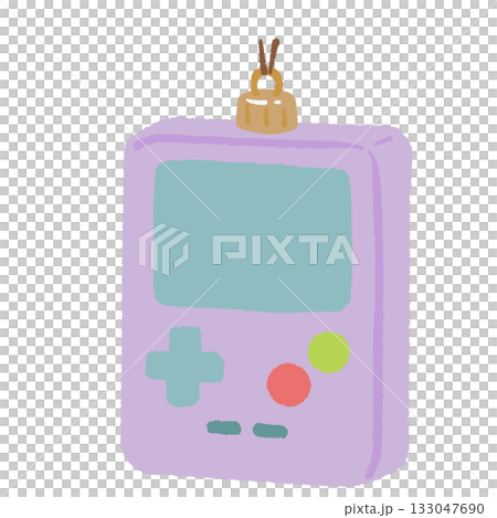 Retro handheld game console ornament illustration pastel purple and teal Christmas clipart perfect for nostalgic gamer holiday decor wrapping paper and playful festive projects 133047690