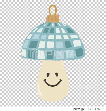 Smiling mushroom ornament illustration with blue checkered cap cute Christmas clipart perfect for cozy retro holiday decor wrapping paper greeting cards and whimsical festive crafts Smiling mushroom ornament illustration with blue checkered cap cute Christmas clipart perfect for cozy retro holiday decor wrapping paper greeting cards and whimsical festive crafts 133047696