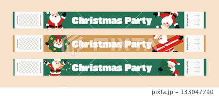 Set of Christmas party wristbands festive cartoon design with Santa Claus, cookies, wreath, and Christmas lights. Cute vector illustration of holiday entry tickets in red, green, and gold colors Set of Christmas party wristbands festive cartoon design with Santa Claus, cookies, wreath, and Christmas lights. Cute vector illustration of holiday entry tickets in red, green, and gold colors 133047790