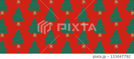Seamless Christmas tree pattern on red background. Festive xmas wallpaper and winter holiday design 133047792