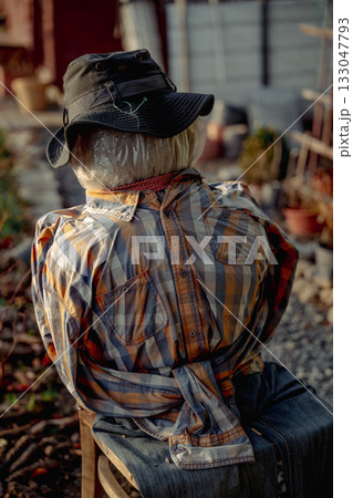 A scarecrow sitting on a wooden chair in front of a small garden gazebo on an allotment, cleverly imitating a resting human figure, basking peacefully in the warm sunlight of a golden autumn day. A scarecrow sitting on a wooden chair in front of a small garden gazebo on an allotment, cleverly imitating a resting human figure, basking peacefully in the warm sunlight of a golden autumn day. 133047793