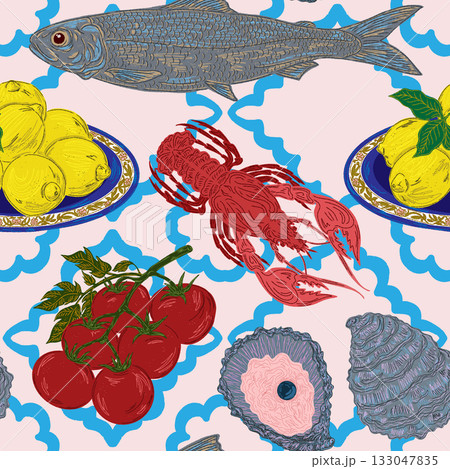seamless pattern with seafood, fish, sea fish seamless pattern with seafood, fish, sea fish 133047835
