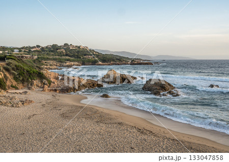 Spectacular view Golf at Sagone Corsica France beautyful sand Beach boats mountain village Tourism and vacations concept 133047858