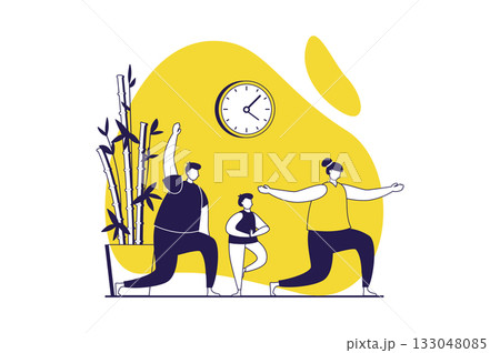 Healthy families web concept with flat people for website design. Mother, father and son doing yoga together, practicing asanas and training body, stretching and mindfulness. Vector illustration. 133048085