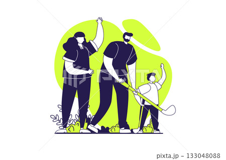 Healthy families web concept with flat people for website design. Mother, father and son playing hockey, training together, boy preparing to competition with parents helping. Vector illustration. 133048088