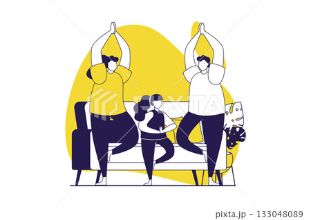Healthy families web concept with flat people for website design. Mother, father and daughter doing yoga at home, practicing asanas and training body, stretching and mindfulness. Vector illustration. 133048089