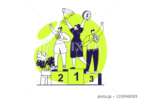 Happy competition champions web concept with flat people for website design. Women and man winning at sport competition, get different places with trophy cup, medals and gifts. Vector illustration. Happy competition champions web concept with flat people for website design. Women and man winning at sport competition, get different places with trophy cup, medals and gifts. Vector illustration. 133048093