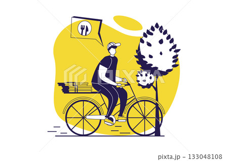 Food delivery web concept with flat people for website design. Man shipping online order with pizza box from pizzeria at bicycle, courier carrying meal from catering and cycling. Vector illustration. Food delivery web concept with flat people for website design. Man shipping online order with pizza box from pizzeria at bicycle, courier carrying meal from catering and cycling. Vector illustration. 133048108