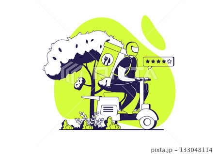 Food delivery web concept with flat people for website design. Man shipping online order with meals in bag from restaurant, courier carrying parcel box from catering at motorbike. Vector illustration. Food delivery web concept with flat people for website design. Man shipping online order with meals in bag from restaurant, courier carrying parcel box from catering at motorbike. Vector illustration. 133048114