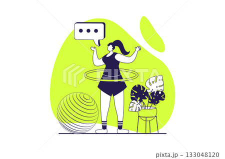 Fitness at gym web concept with flat people for website design. Woman training and spinning hula hoop, doing exercises with workout program for balance and dynamic movements. Vector illustration. 133048120