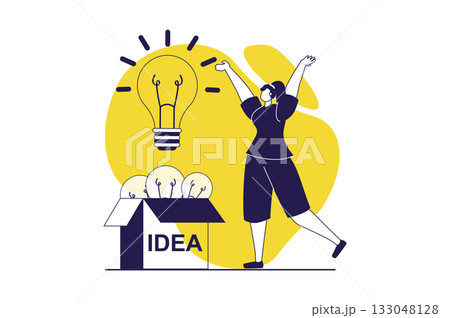 Finding ideas web concept with flat people for website design. Woman making research and brainstorming, finding creative decision and improvement, searching solving and insights. Vector illustration. Finding ideas web concept with flat people for website design. Woman making research and brainstorming, finding creative decision and improvement, searching solving and insights. Vector illustration. 133048128