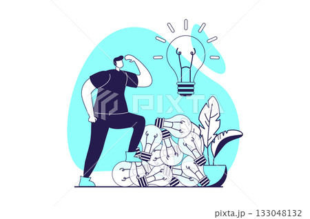 Finding ideas web concept with flat people for website design. Man thinking and brainstorming, solving problem and finding decisions, explorating information and getting insights. Vector illustration. Finding ideas web concept with flat people for website design. Man thinking and brainstorming, solving problem and finding decisions, explorating information and getting insights. Vector illustration. 133048132