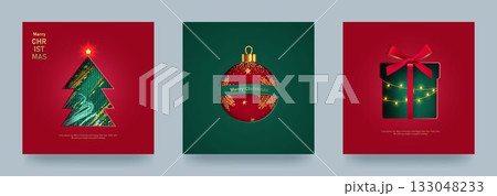 A set of Christmas and New Year s cards. Christmas trees, baubles, and gift boxes cut out of paper on a bright background 133048233
