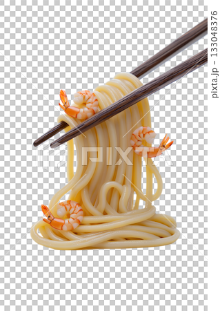 Chopsticks lifting portion of delicious shrimp noodles in 3d render. Ideal for food blogs, asian cuisine, restaurant advertising 133048376