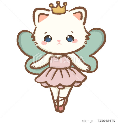 Cute white cat ballerina fairy wearing crown and wings pastel Christmas clipart perfect for Nutcracker ballet cards holiday decor wrapping paper crafts and kawaii festive designs 133048413