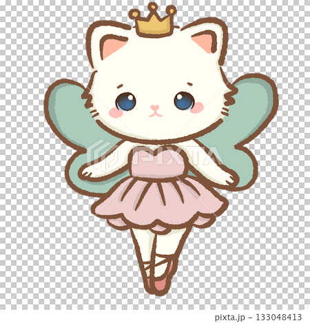 Cute white cat ballerina fairy wearing crown and wings pastel Christmas clipart perfect for Nutcracker ballet cards holiday decor wrapping paper crafts and kawaii festive designs 133048413