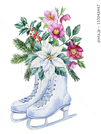 Watercolor ice skates white poinsettia holly leaves berries pink flowers winter botanical festive illustration for decor design 133048447