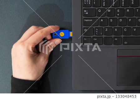 IT security technician using a USB flash drive beside a laptop in a tech office 133048453
