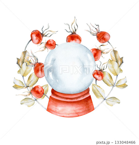 Watercolor illustration of a transparent snow globe and rosehip berries and leaves. Drawing of a glass sphere on an isolated background. Template for Christmas cards, invitations, greetings. 133048466