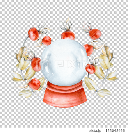 Watercolor illustration of a transparent snow globe and rosehip berries and leaves. Drawing of a glass sphere on an isolated background. Template for Christmas cards, invitations, greetings. 133048466