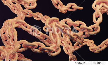 Pink Chain Links Intertwined Against Black Background, Abstract Industrial Web of Chains 133048506