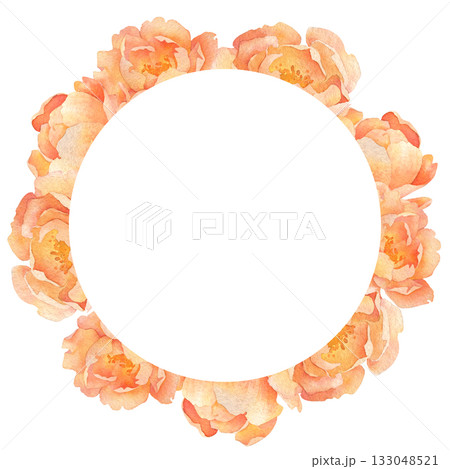 Round frame of lush orange roses. Watercolor illustration hand drawn and isolated on a white background. Ideal for postcards, wedding invitations or other celebrations, polygraph, textile, tableware. 133048521