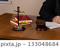 The judge is performing their duties at the desk with the scales  133048684