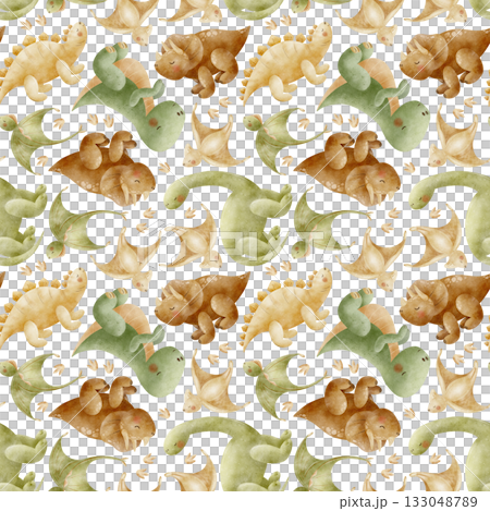 Dinosaur pattern Stegosaurus Triceratops Tyrannosaurus Pterosaur. Watercolor illustration, hand-drawn in childish style. Seamless print isolated from background for textiles fabrics clothing wallpaper 133048789