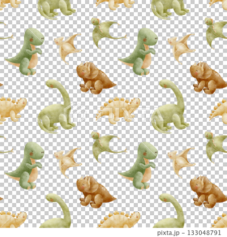 Dinosaur pattern Stegosaurus Triceratops Tyrannosaurus Pterosaur. Watercolor illustration, hand-drawn in childish style. Seamless print isolated from background for textiles fabrics clothing wallpaper 133048791