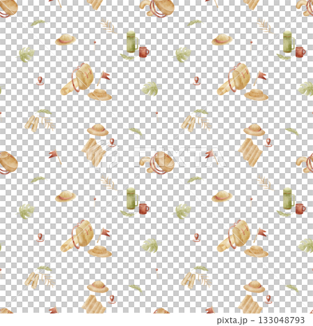 Pattern featuring hiking backpack hat map leaves travel essentials. Watercolor illustration, hand-drawn childish style. Seamless print isolated from background for textiles fabrics clothing wallpaper 133048793