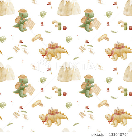 Pattern dinosaurs Tyrannosaurus Stegosaurus traveling in mountains. Watercolor illustration, hand-drawn in childish style. Seamless print isolated background for textiles fabrics clothing wallpaper 133048794