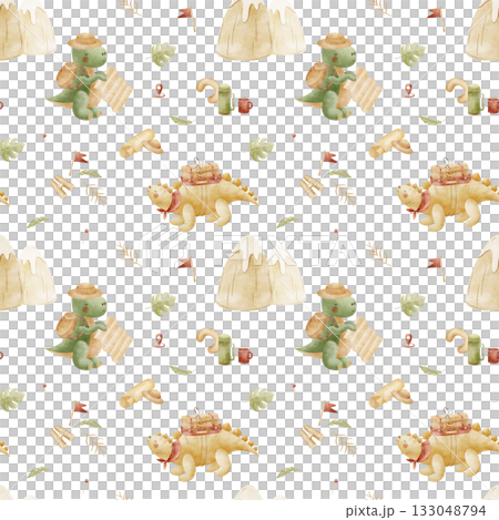 Pattern dinosaurs Tyrannosaurus Stegosaurus traveling in mountains. Watercolor illustration, hand-drawn in childish style. Seamless print isolated background for textiles fabrics clothing wallpaper 133048794