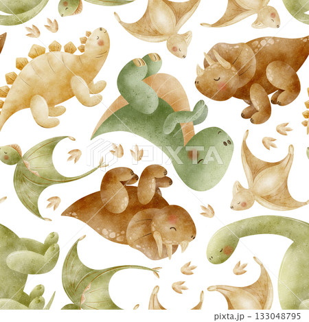 Dinosaur pattern Stegosaurus Triceratops Tyrannosaurus Pterosaur. Watercolor illustration, hand-drawn in childish style. Seamless print isolated from background for textiles fabrics clothing wallpaper 133048795