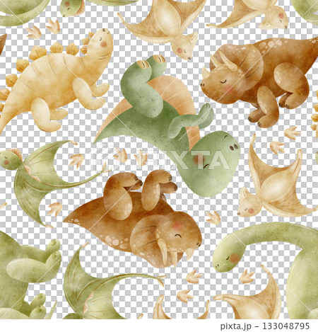 Dinosaur pattern Stegosaurus Triceratops Tyrannosaurus Pterosaur. Watercolor illustration, hand-drawn in childish style. Seamless print isolated from background for textiles fabrics clothing wallpaper 133048795