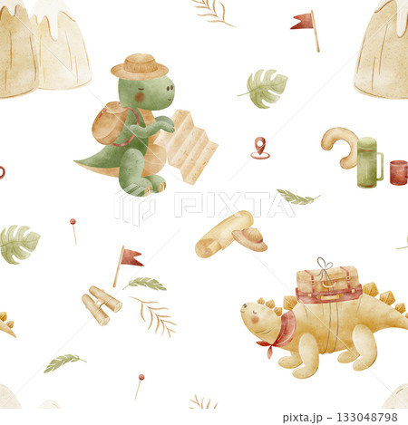 Pattern dinosaurs Tyrannosaurus Stegosaurus traveling in mountains. Watercolor illustration, hand-drawn in childish style. Seamless print isolated background for textiles fabrics clothing wallpaper 133048798