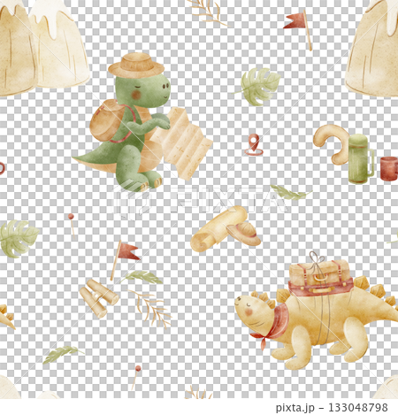 Pattern dinosaurs Tyrannosaurus Stegosaurus traveling in mountains. Watercolor illustration, hand-drawn in childish style. Seamless print isolated background for textiles fabrics clothing wallpaper 133048798