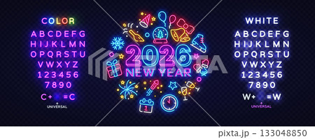 2026 New Year text formed by glowing holiday icons champagne, fireworks, gifts. Includes side alphabet sets for full customization. Vector illustration 2026 New Year text formed by glowing holiday icons champagne, fireworks, gifts. Includes side alphabet sets for full customization. Vector illustration 133048850