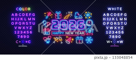 Festive 2026 Happy New Year surrounded by holiday icons calendars, gifts, snowflakes. Editable glowing fonts on both sides complete the layout. Vector illustration 133048854