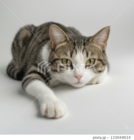 寝そべっているキジ白猫 133049014
