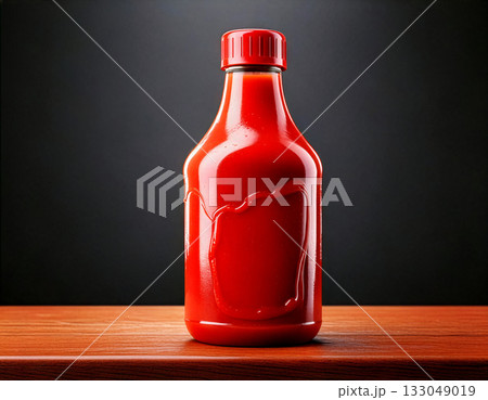 Bottle of ketchup placed on a wooden table against a dark background with a glossy finish highlighting its red color 133049019