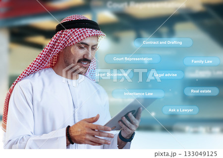 Professional lawyer reviewing legal documents with tablet in modern office setting Professional lawyer reviewing legal documents with tablet in modern office setting 133049125